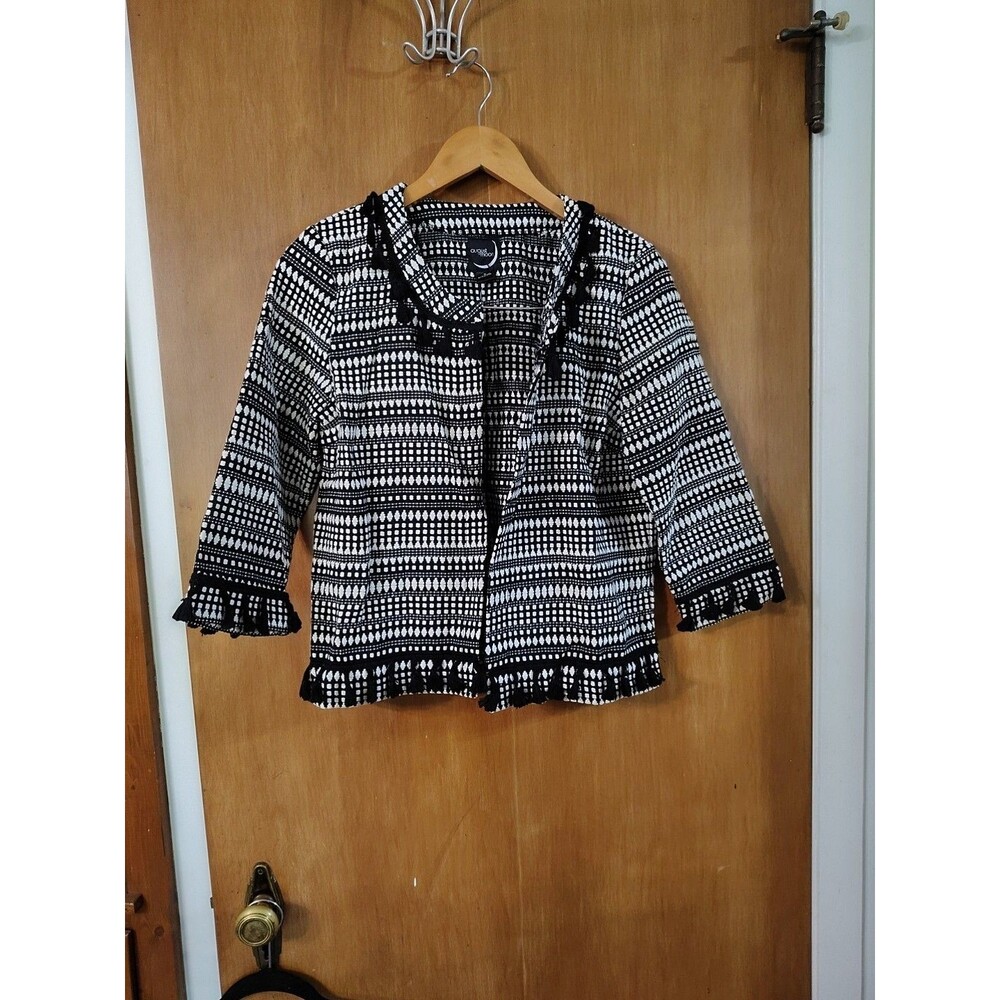 August Moon Women's Style-knit Open Front Jacket Size Med Black White